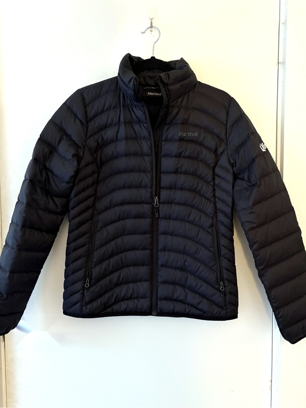 Marmot Women's Black Down Puffer Jacket Corona Sleeve Logo Lightweight Packable